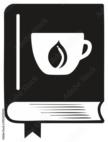 Minimalist black and white book with coffee cup and liquid drop icon representing learning and relaxation