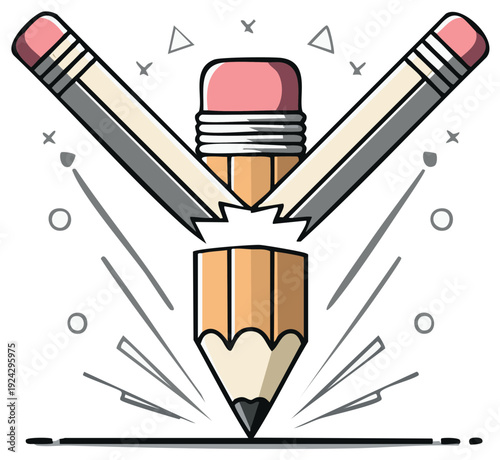 Pencil breaking into pieces with sharp point drawing a line on white background to indicate breaking point concept of creativity