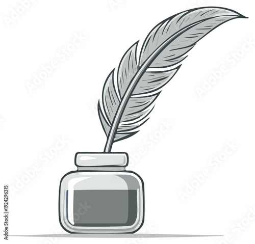 Quill Pen Illustration in Inkwell Container Classic Writing Instrument Concept