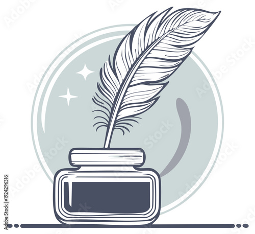 Feather quill pen illustration in inkwell bottle vintage style writing equipment calligraphy tool