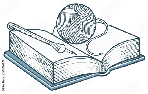 Open Book Displaying Yarn Ball with Needle in Outline Style for Arts and Crafts Project