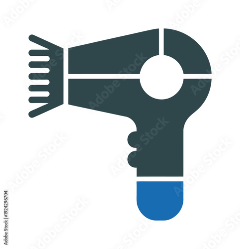 Minimalist vector of a blue and gray hair dryer with a comb attachment