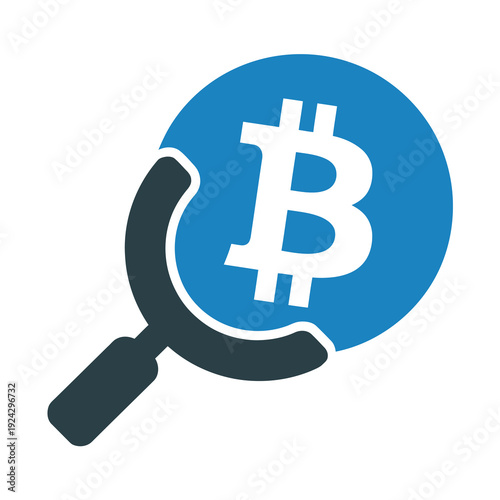 Magnifying glass closely inspecting a vector bitcoin logo on a blue circular background