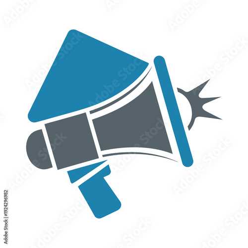 Blue vector megaphone amplifies sound with a vibrant spark graphic for emphasis