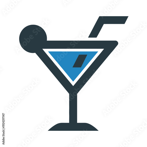 Stylish vector of a martini glass containing a blue cocktail with an olive garnish