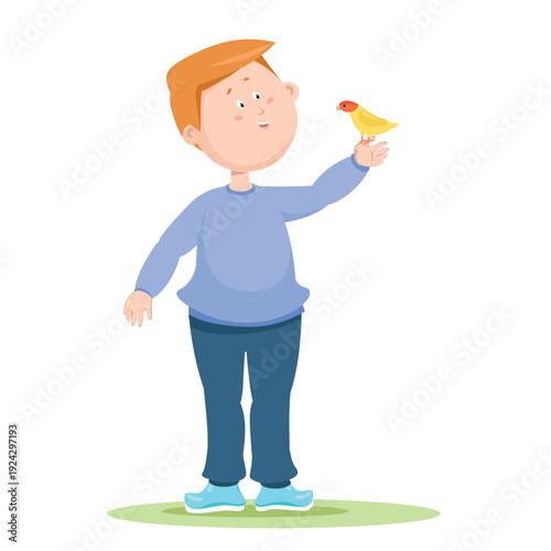 The boy is holding a lovebird parrot on his hand