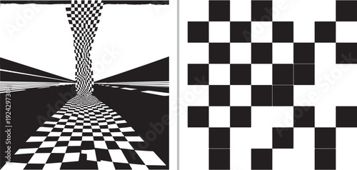 A black and white vector duo: the left side features a narrow checkered path receding into a sharp perspective; the right shows a simple, scattered geometric grid of black and white squares.