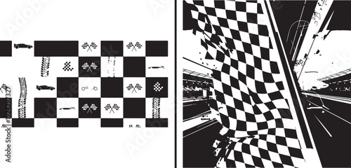 High-contrast monochrome collage featuring a large waving checkered flag overlooking a stylized racetrack, paired with a fragmented checkerboard grid containing miniature racing icons.