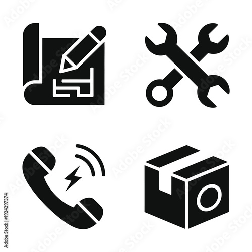 Set of vector icons featuring a blueprint with a pencil, crossed wrenches, a ringing phone, and a parcel box.