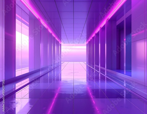 Modern futuristic corridor with glowing purple LED lights leading to bright horizon in clean facility