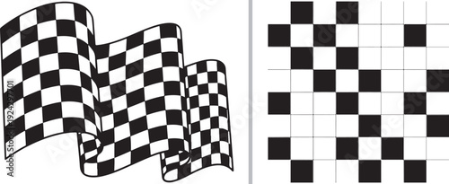 A high-contrast monochrome graphic featuring a bold, waving checkered flag alongside a minimalist grid containing a scattered, abstract pattern of black squares on a white background.
