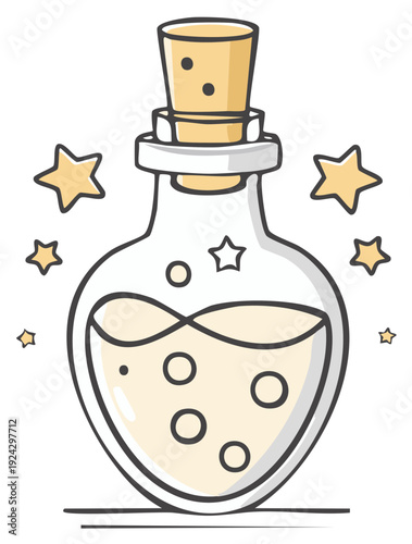 Whimsical potion bottle with cork and sparkling stars, magical liquid inside