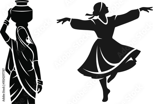 Traditional indian dance and pot bearer silhouette