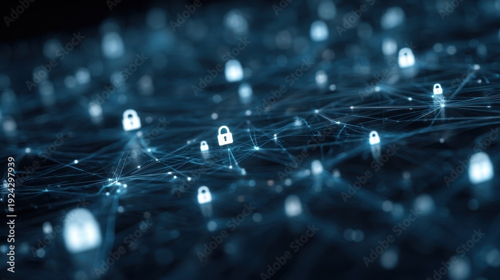 Obraz premium Cyber security and network data protection concept with padlock icons on a dark blue digital background