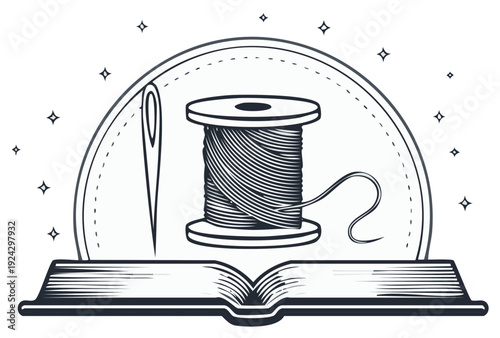 Illustration of sewing objects: needle, thread spool, and open book, in vintage style.