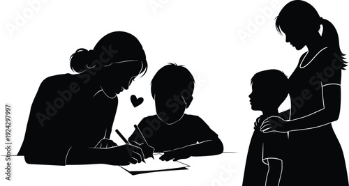Silhouette of a woman and child with another woman and child