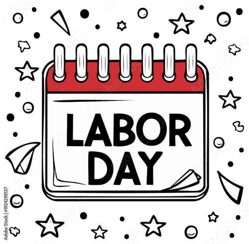 Labor Day Calendar Illustration. Red and white calendar with Labor Day text and scattered elements.
