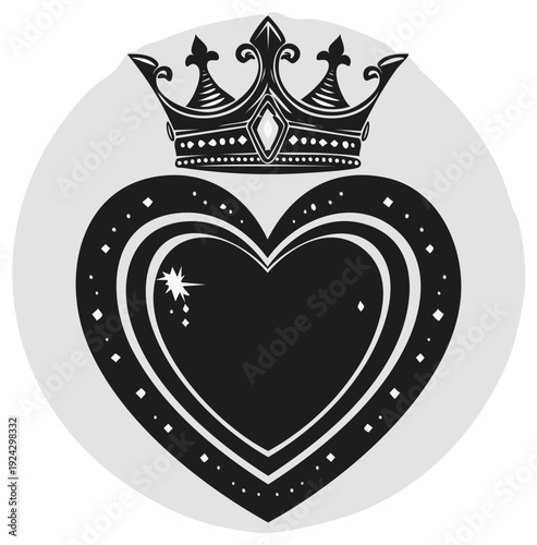 Heart and Crown Icon: Decorative design in black and white on a light grey circle, symbol for love and royalty.