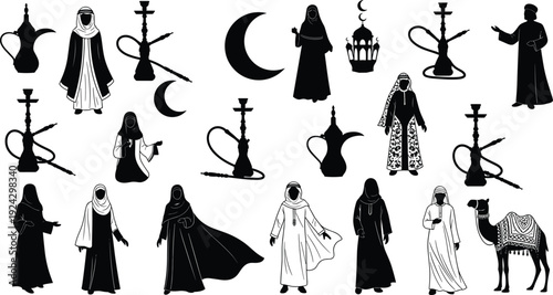 Arabic culture silhouette collection, traditional Muslim people, camel, lantern, crescent, hookah, Middle Eastern heritage set isolated on white background illustration design