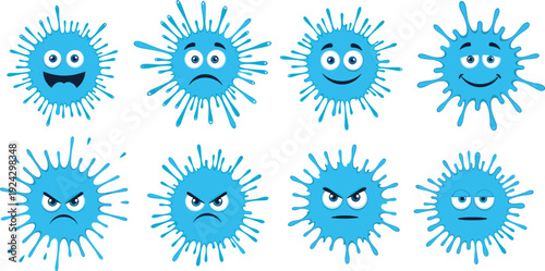 Blue cartoon virus characters set, funny and angry germ emoji faces isolated on white background, medical illustration concept collection