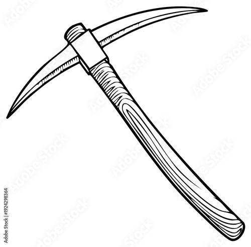 Illustration of a traditional pickaxe tool with a wooden handle and metal head, isolated on white