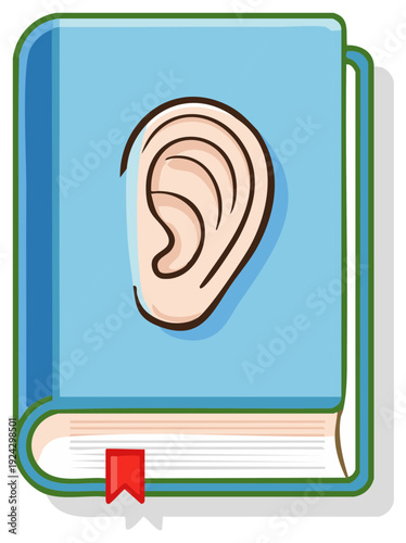Listening book illustration of a book with an ear on the cover