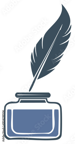 Vintage Quill Pen Standing in an Inkwell with Blue Ink for Writing and Calligraphy