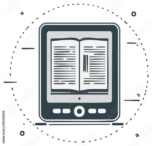 Digital e-reader device displaying an open book with text and a bookmark icon inside a dotted circle border