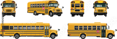 Collection of yellow school buses from various angles, ready for student transportation