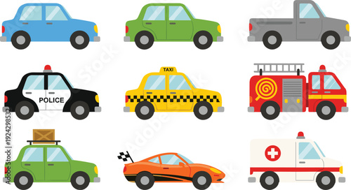Cartoon vehicle collection, car, taxi, police, ambulance, fire truck illustration set isolated on white background transportation service design icons