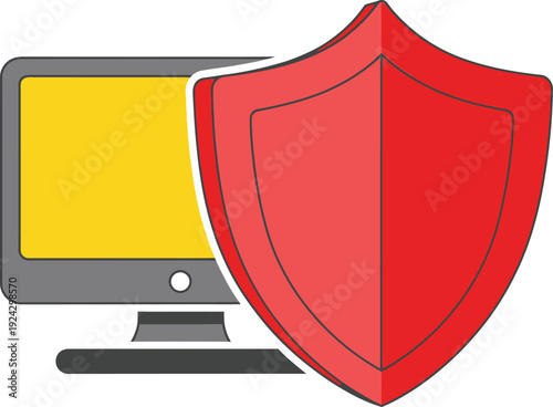 A large red shield icon protects a computer monitor displaying a yellow screen, symbolizing digital security.