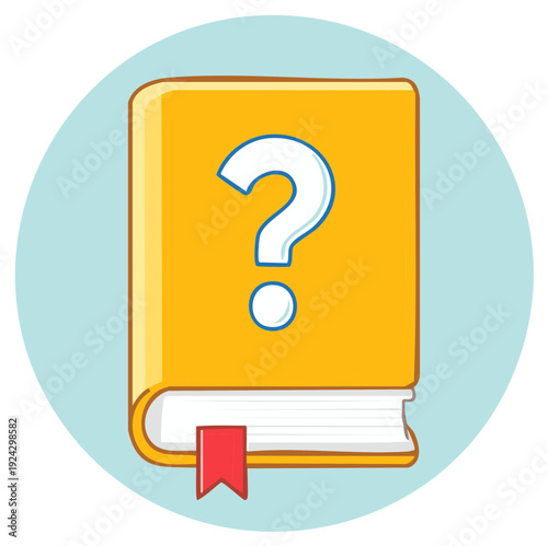 Question mark illustrated on a yellow book with a red bookmark in a blue circle background
