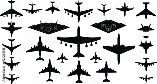 Collection of airplane silhouettes, various aircraft shapes isolated on white background, aviation transport icons, military and commercial planes vector illustration set