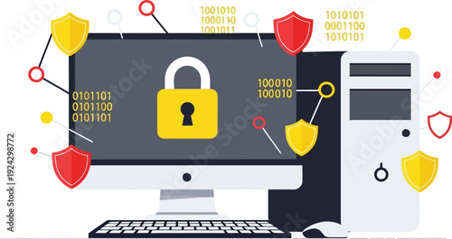Desktop computer monitor displays a large yellow padlock symbolizing digital security surrounded by binary code and protective shields.