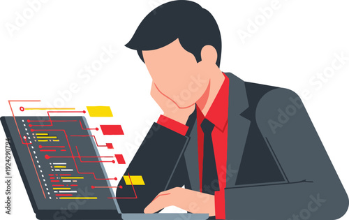 Developer in a suit concentrates deeply while analyzing complex programming code displayed on a modern laptop screen.
