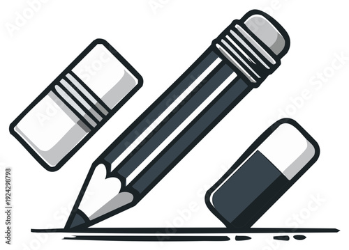 Illustration of a pencil and erasers, writing and correction tools.