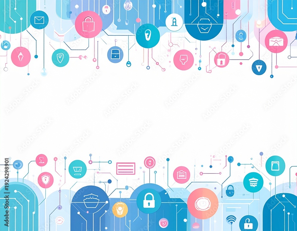 Obraz premium Digital security and technology network with interconnected cybersecurity icons and data flow