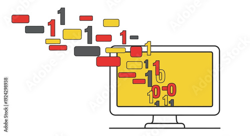 Computer monitor displays incoming binary code data streams composed of red, yellow, and gray blocks entering the screen surface.