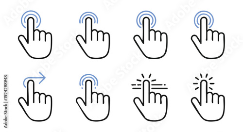 Hand cursor icons set, pointer finger for touch screen, clicking and swiping actions
