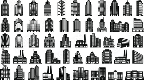 City building skyline silhouette collection, urban architecture skyscrapers and commercial structures isolated on white background for real estate illustration design