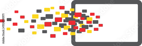 Abstract graphic representation shows digital information blocks dispersing from a rectangular screen element against a white background.