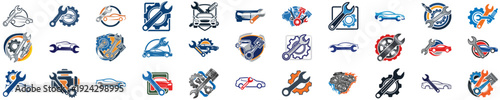 Auto service icons vector set in modern flat style. Car repair symbols with wrench, gear, engine, piston and vehicle elements. Professional automotive maintenance icons on transparent background