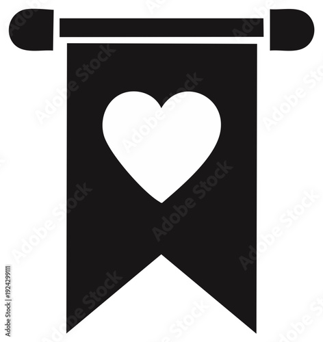Black banner with a white heart symbol hanging on a pole for decoration or announcement