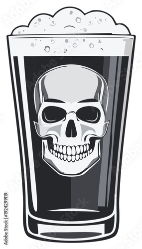 Glass of Stout Beer with Skull Illustration, Monochrome Cartoon