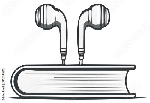 Audiobook concept featuring earphones resting atop a closed book illustration for digital books