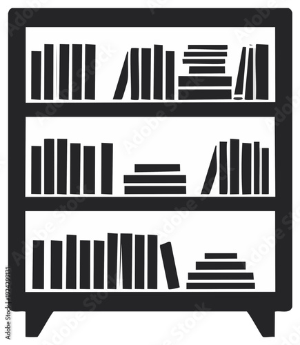Stylized Black and White Bookshelf Illustration with Books Arranged on Shelves