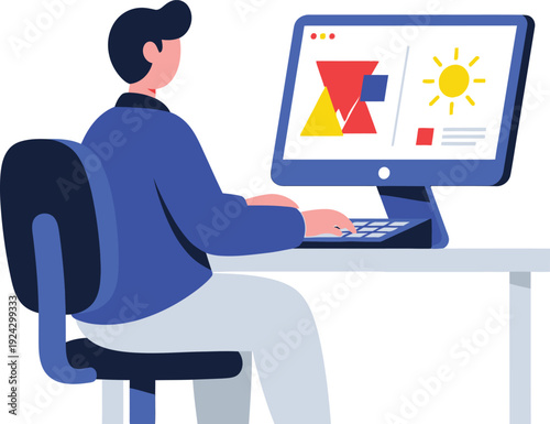 Man seen from behind engages in graphic design work on a computer displaying colorful geometric shapes and a bright sun icon.