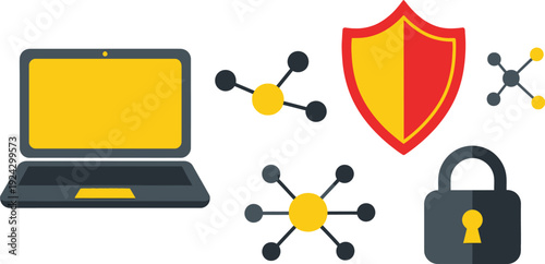 A dark computer workstation features a screen displaying various cybersecurity awareness symbols alongside a separate tower unit.