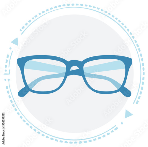 Blue eyeglasses vector icon with circular arrows representing eye care services subscription or vision test