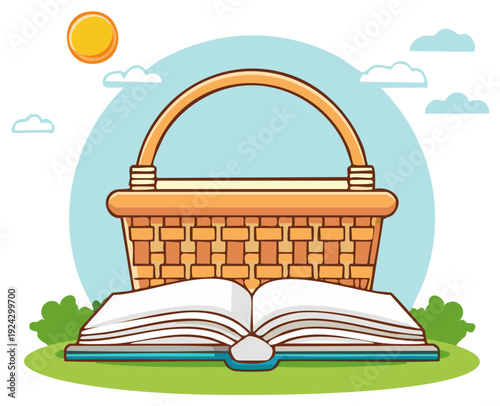 Picnic Basket and Open Book on Green Grass Under Sunny Sky